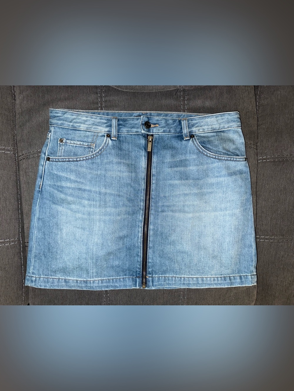 1. State Light Wash Front-Zip Denim Mini Skirt
